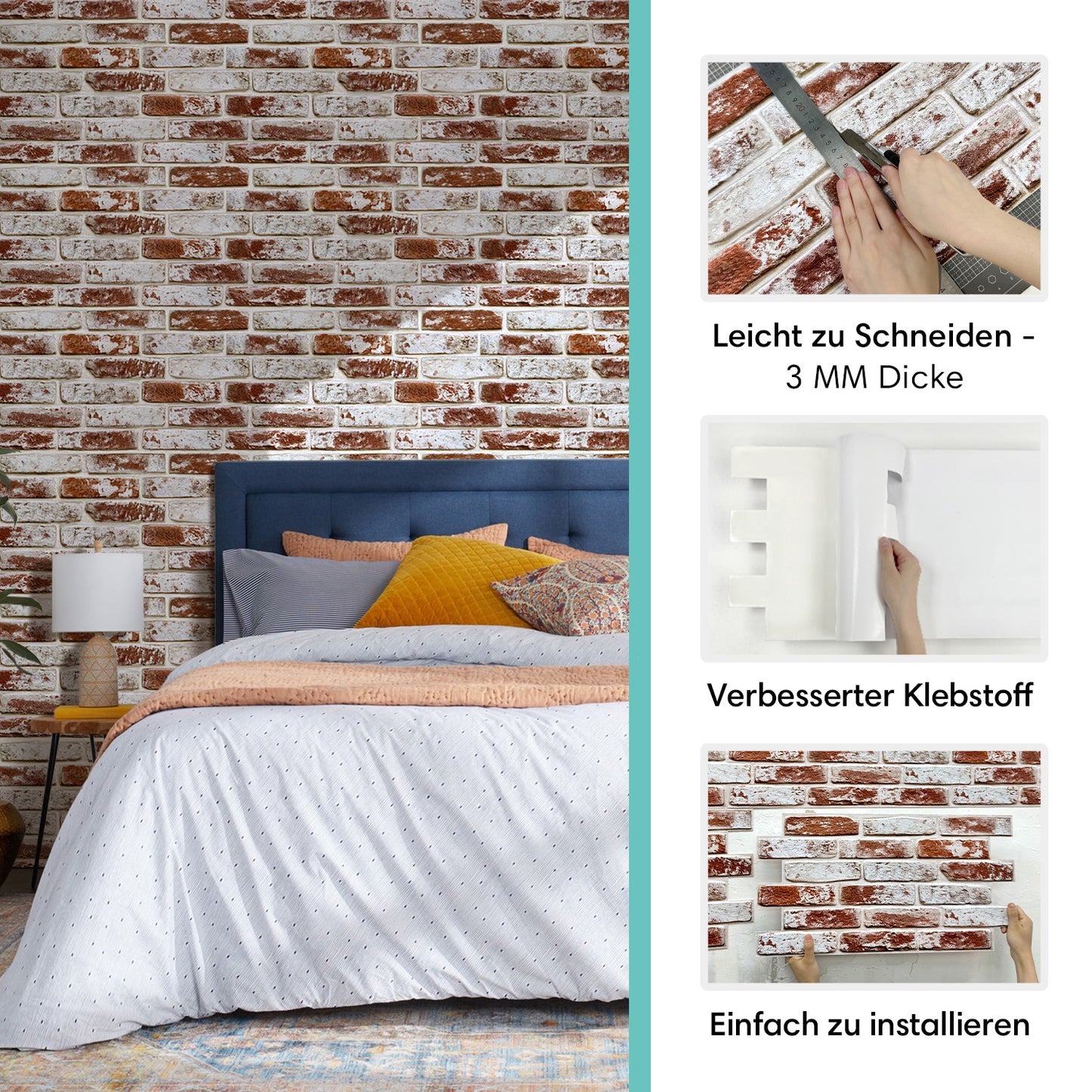 3D Wandpaneele Großformat – Rote Whitewash-Ziegeloptik Selbstklebend