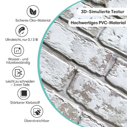 3D Selbstklebende Wandpaneele – Rustikale Ziegeloptik Weiß Getüncht