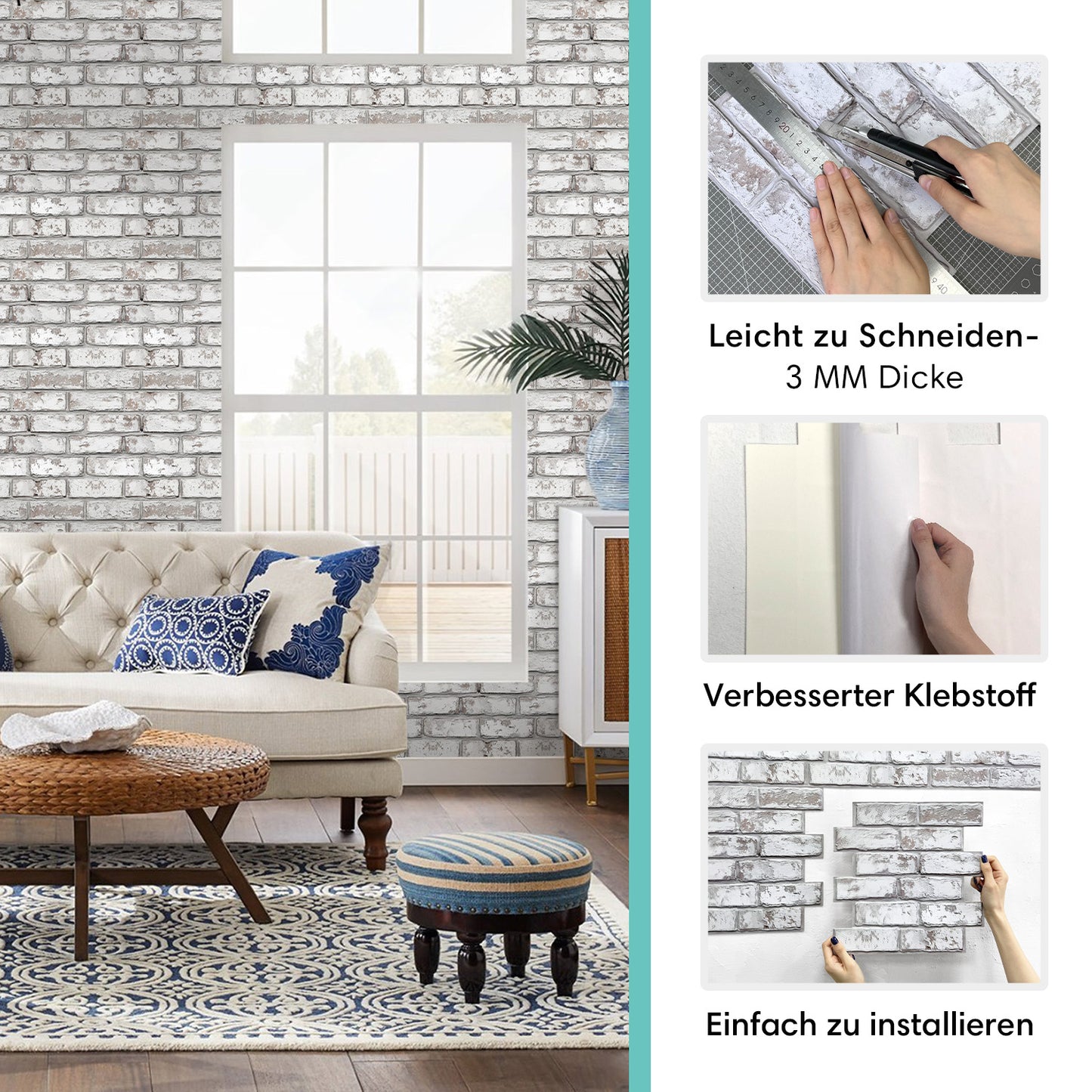 3D Selbstklebende Wandpaneele – Rustikale Ziegeloptik Weiß Getüncht