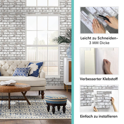 3D Selbstklebende Wandpaneele – Rustikale Ziegeloptik Weiß Getüncht