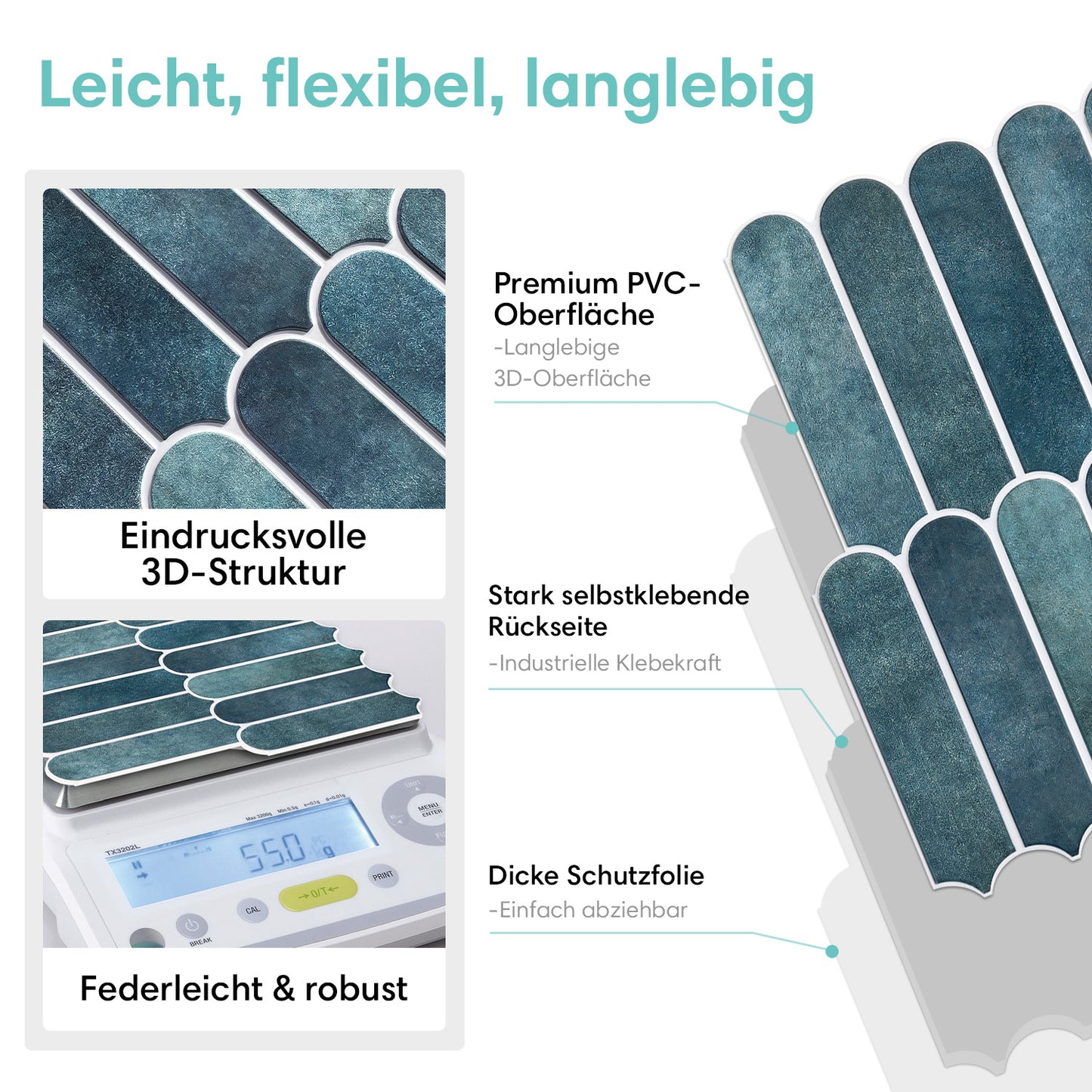 3D Selbstklebende Wandfliesen – Fischschuppenoptik Blau