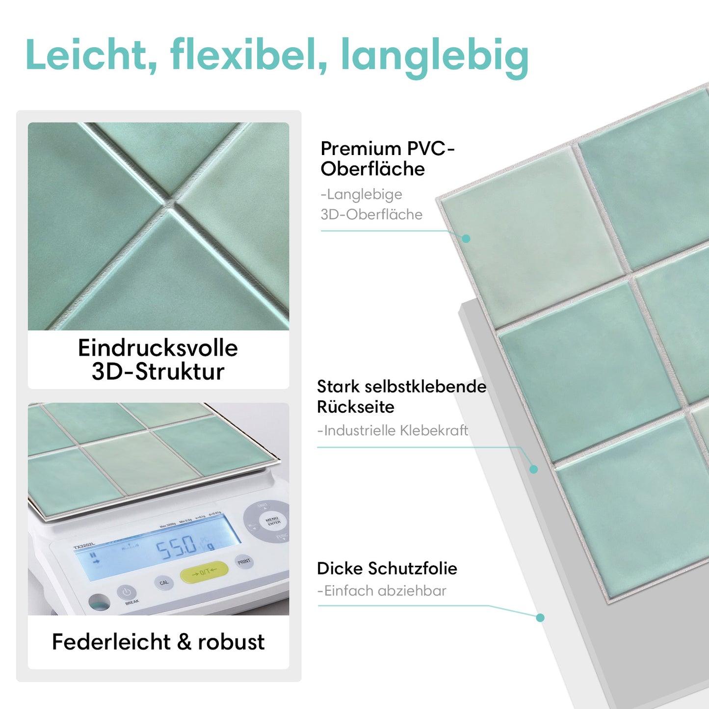 3D Selbstklebende Wandfliesen – Quadratische Keramikoptik Hellgrün