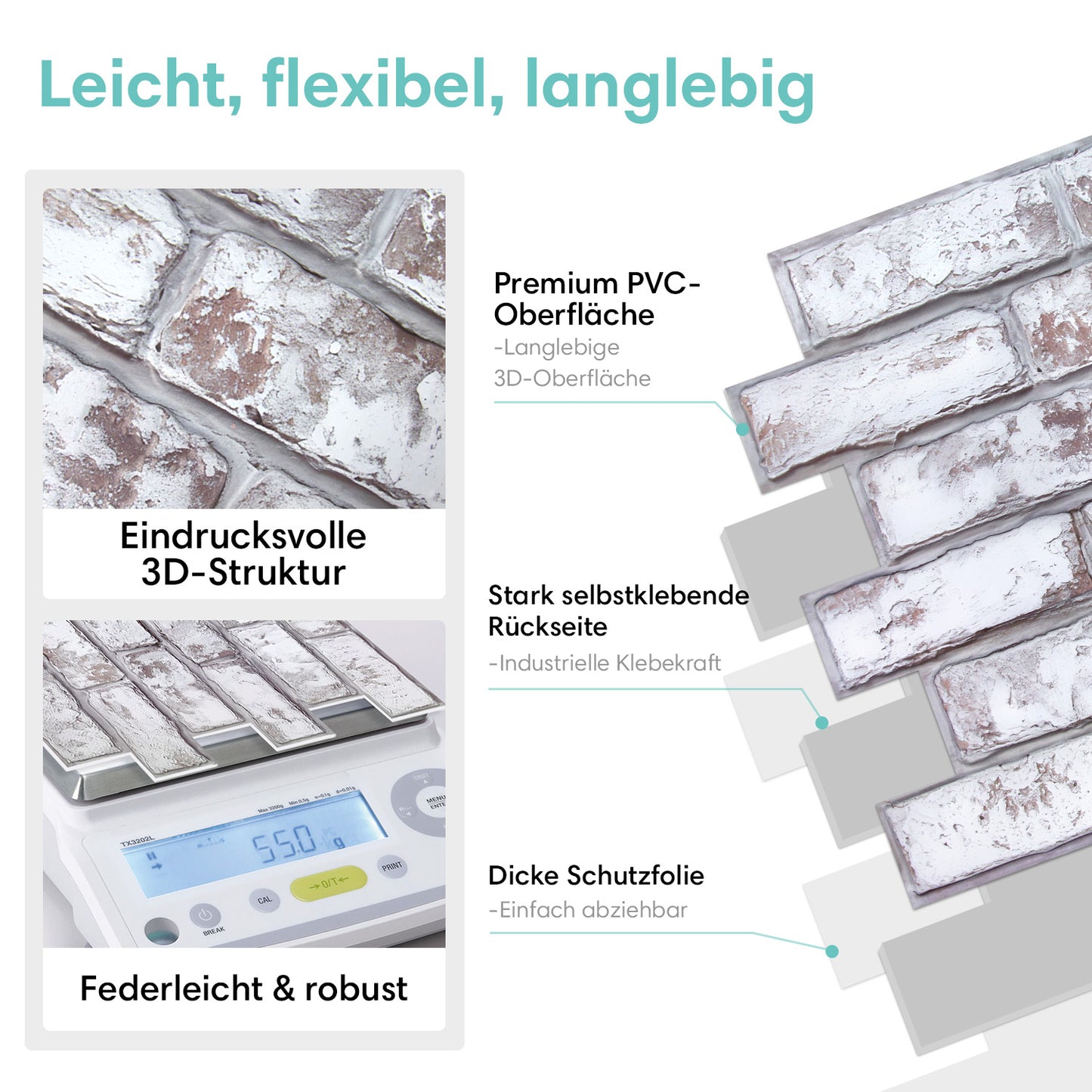 3D Selbstklebende Wandpaneele – Rustikale Ziegeloptik Weiß Getüncht