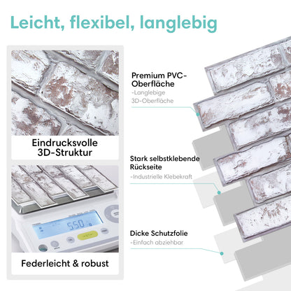 3D Selbstklebende Wandpaneele – Rustikale Ziegeloptik Weiß Getüncht