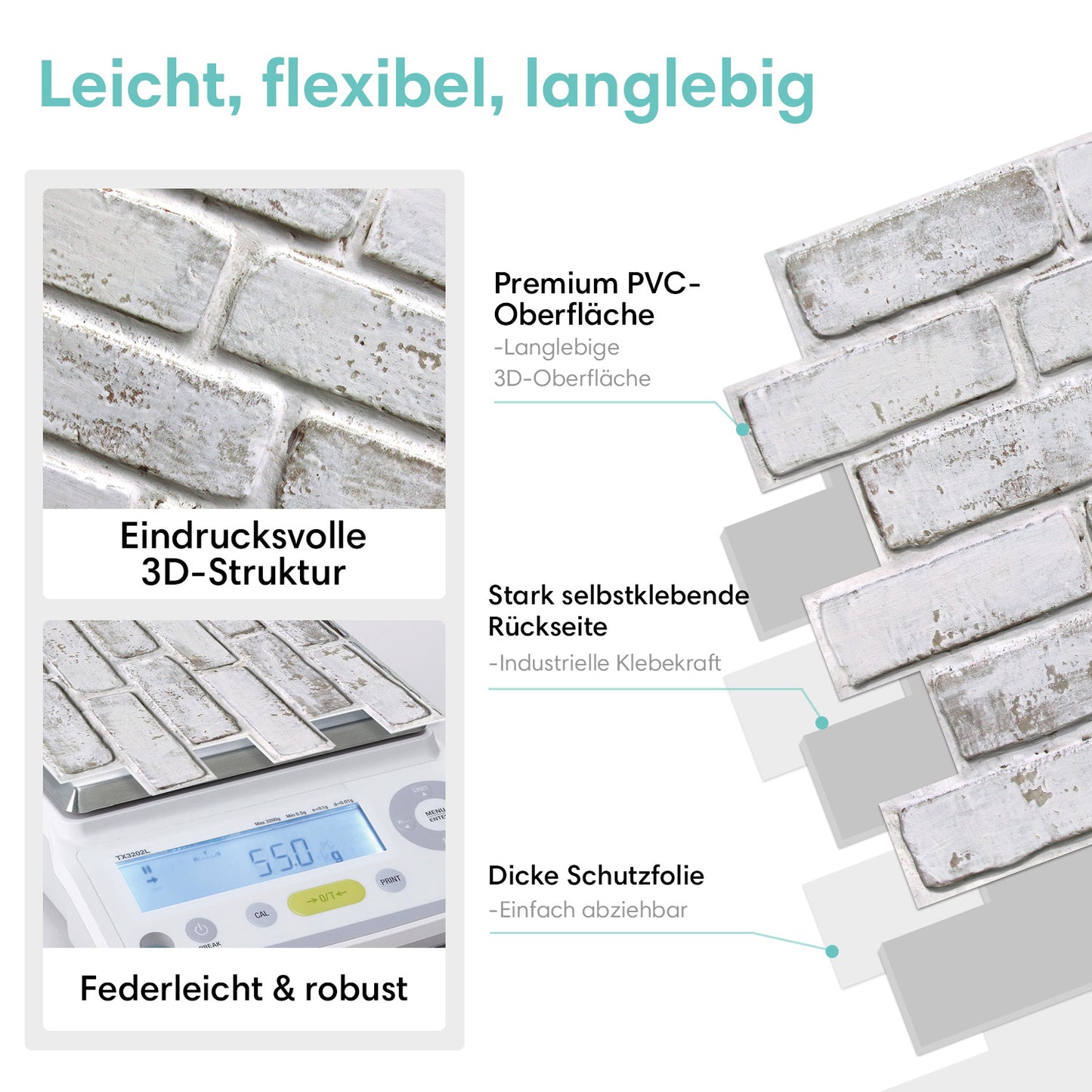3D Selbstklebende Wandpaneele – Ziegeloptik Lavendelgrau Weiß Getüncht