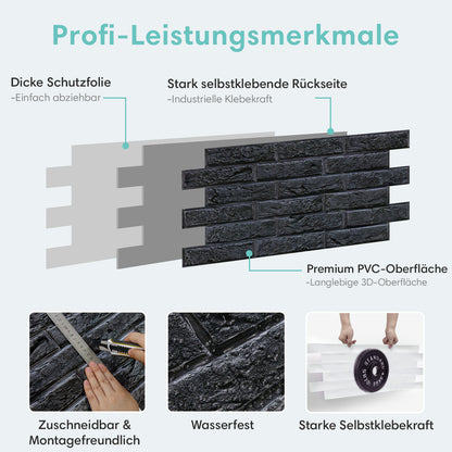 3D Wandpaneele Großformat Schwarz Ziegeloptik Selbstklebend