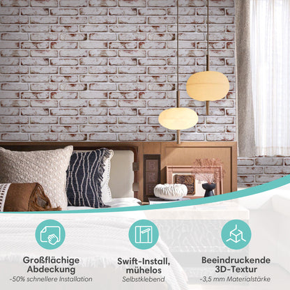 3D Wandpaneele Großformat Weiß gekalkte Ziegeloptik Selbstklebend