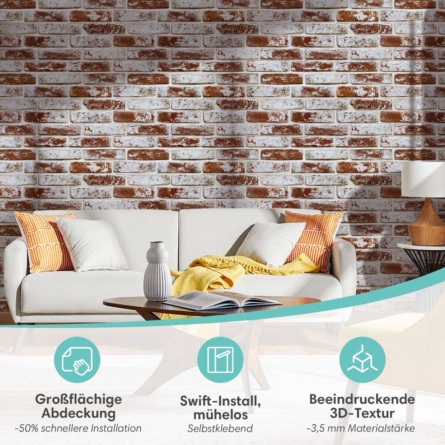 3D Wandpaneele Großformat – Rote Whitewash-Ziegeloptik Selbstklebend