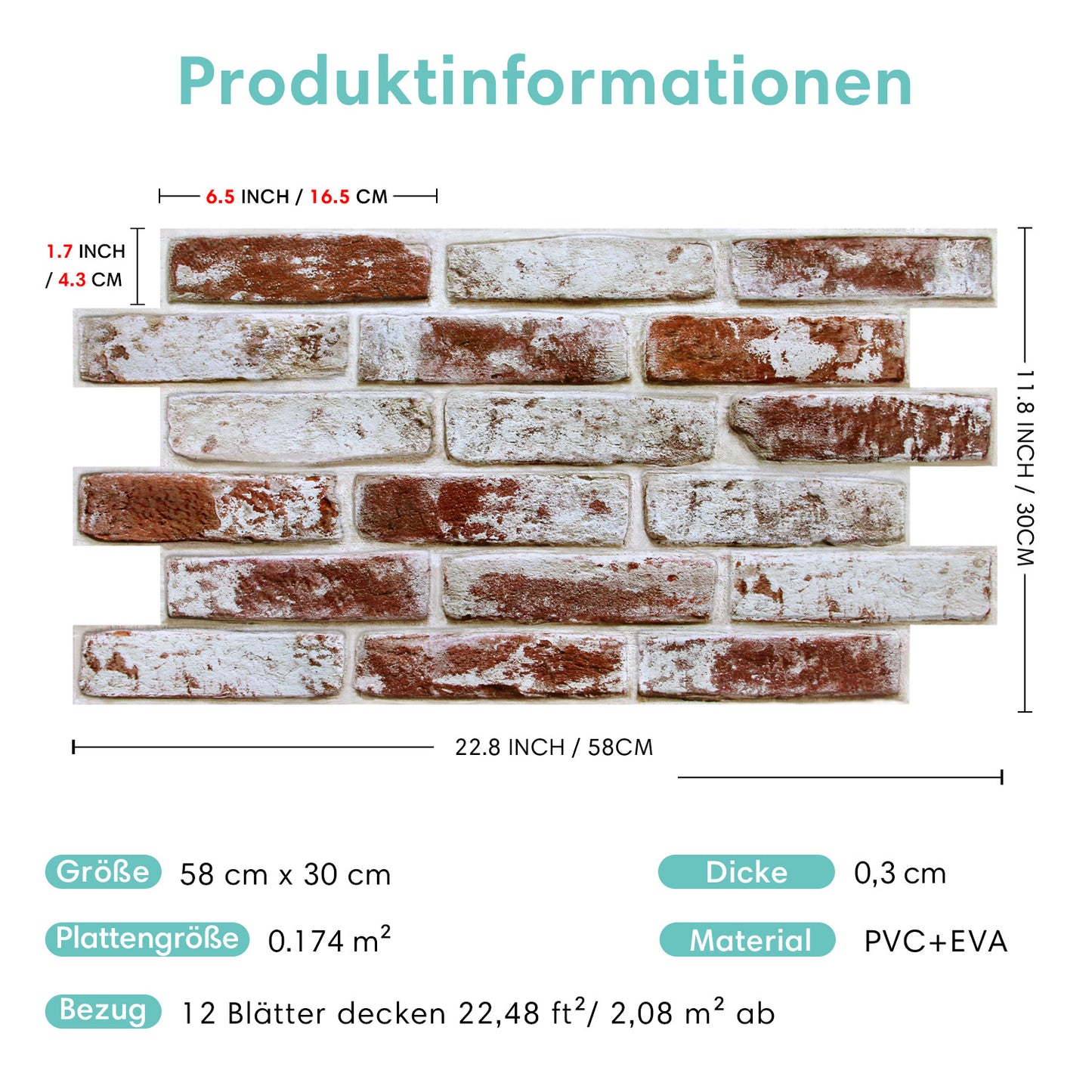 3D Wandpaneele Großformat – Rote Whitewash-Ziegeloptik Selbstklebend