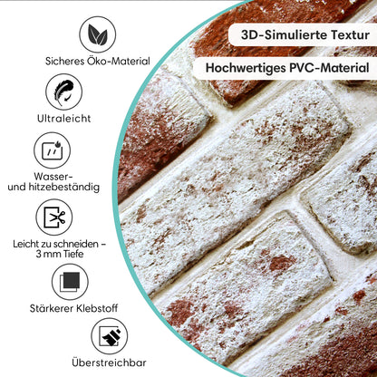 3D Wandpaneele Großformat – Rote Whitewash-Ziegeloptik Selbstklebend