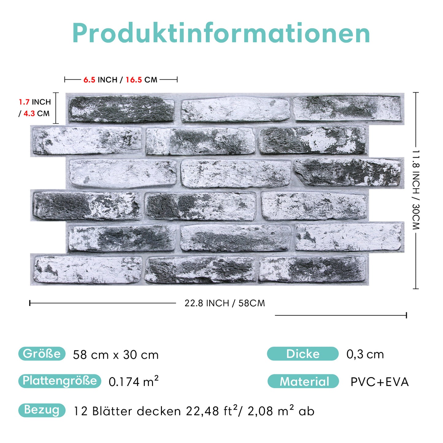 3D Wandpaneele Großformat – Graue Whitewash-Ziegeloptik Selbstklebend