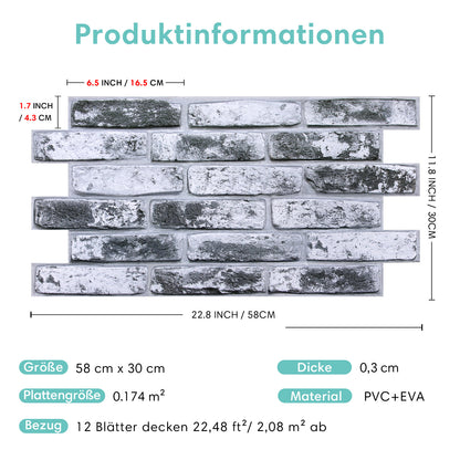 3D Wandpaneele Großformat – Graue Whitewash-Ziegeloptik Selbstklebend