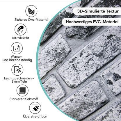 3D Wandpaneele Großformat – Graue Whitewash-Ziegeloptik Selbstklebend