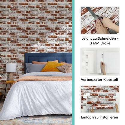 3D Wandpaneele Großformat – Rote Whitewash-Ziegeloptik Selbstklebend
