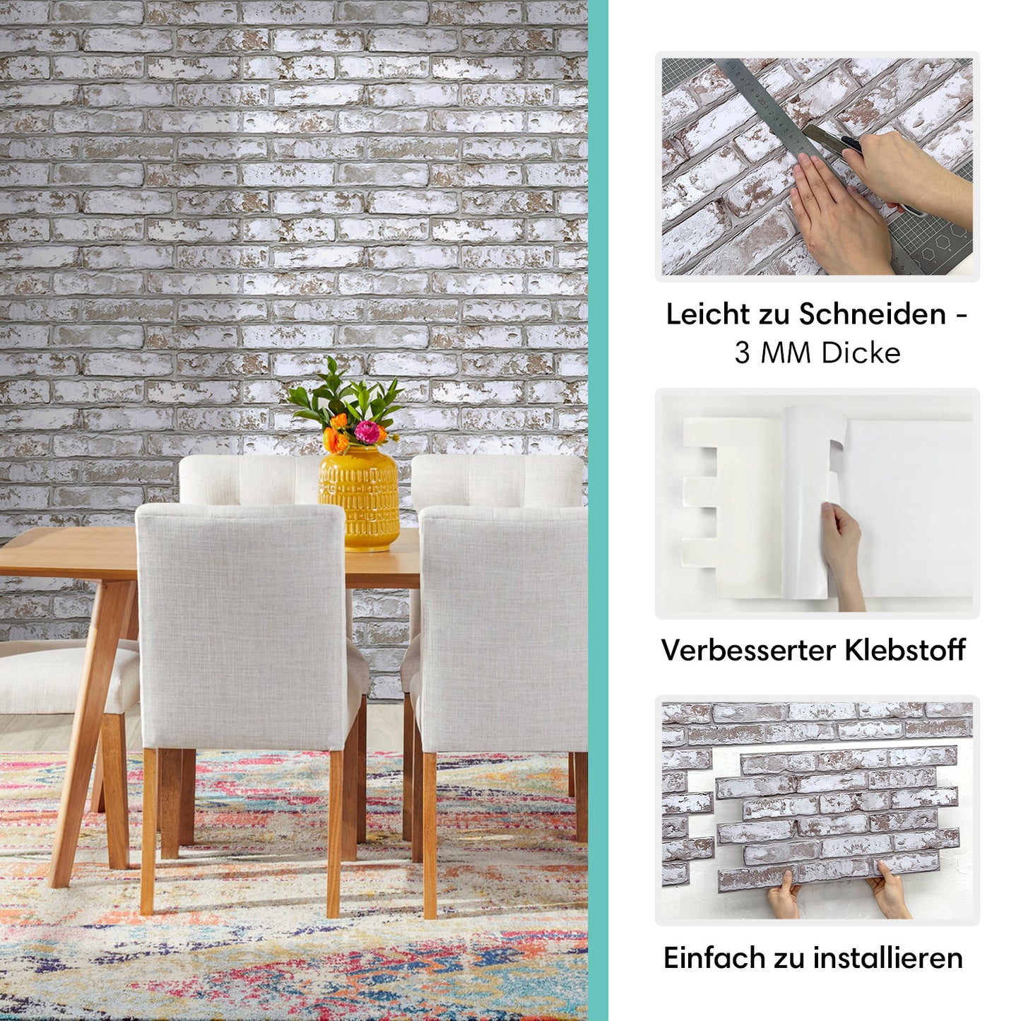 3D Wandpaneele Großformat – Rustikale Whitewash Ziegeloptik Selbstklebend