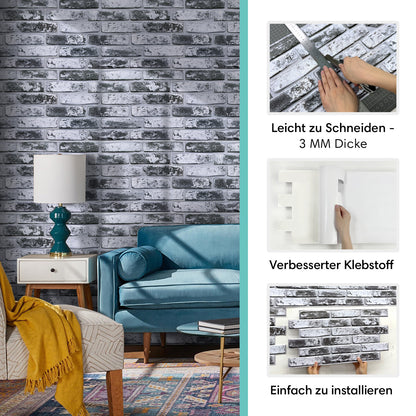 3D Wandpaneele Großformat – Graue Whitewash-Ziegeloptik Selbstklebend