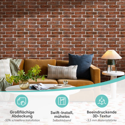 3D Wandpaneele Großformat – Rote Ziegeloptik Selbstklebend