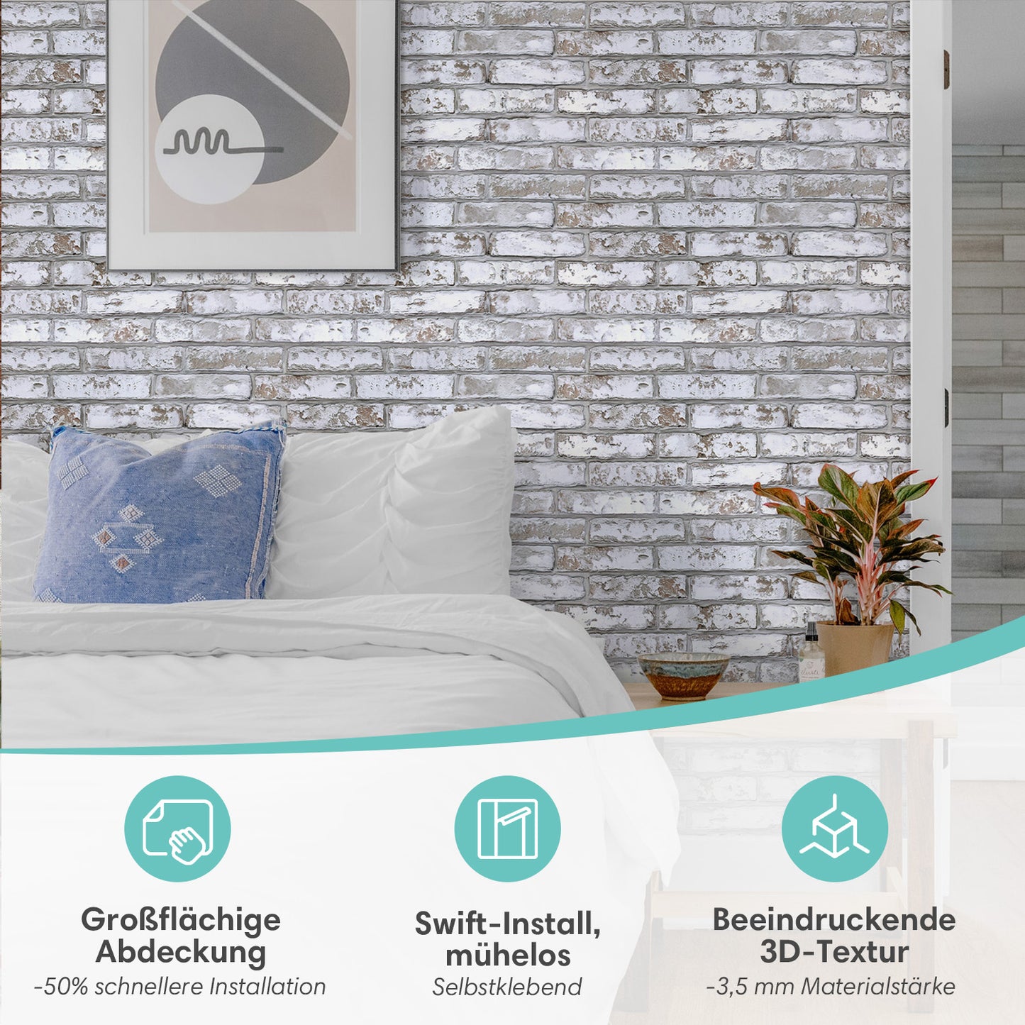 3D Wandpaneele Großformat – Rustikale Whitewash Ziegeloptik Selbstklebend