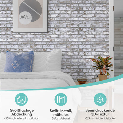 3D Wandpaneele Großformat – Rustikale Whitewash Ziegeloptik Selbstklebend