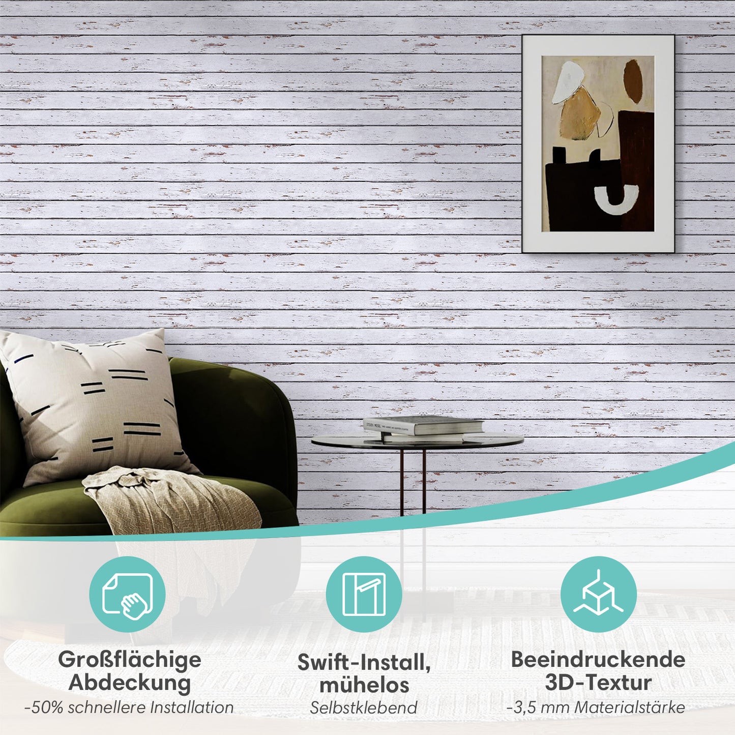 3D Wandpaneele Holzoptik Weiß Maserung Selbstklebend Großformat