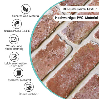 3D Wandpaneele Selbstklebend – Alte Rote Rustikale Ziegeloptik