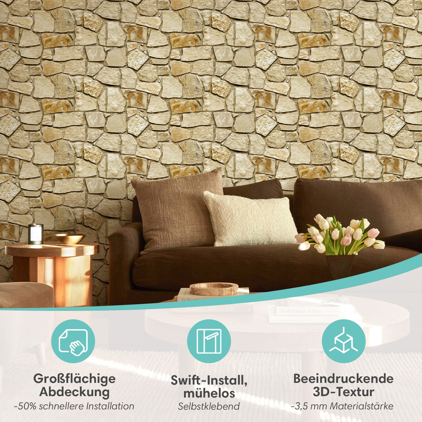 3D Wandpaneele Steinoptik Braun Feldstein Selbstklebend Großformat