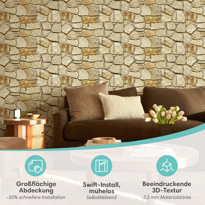 3D Wandpaneele Steinoptik Braun Feldstein Selbstklebend Großformat