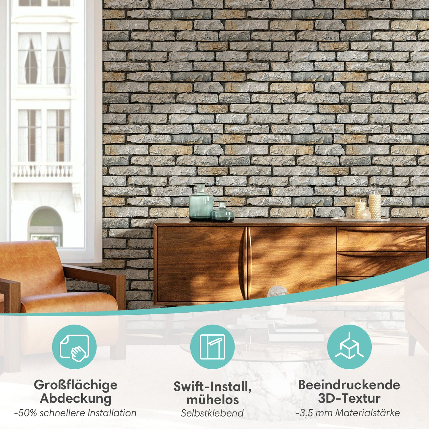 3D Wandpaneele Steinoptik Drystack Selbstklebend Großformat