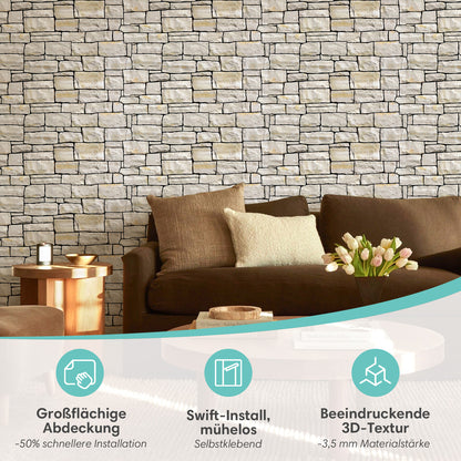 3D Wandpaneele Steinoptik Stacked Stone Selbstklebend Großformat