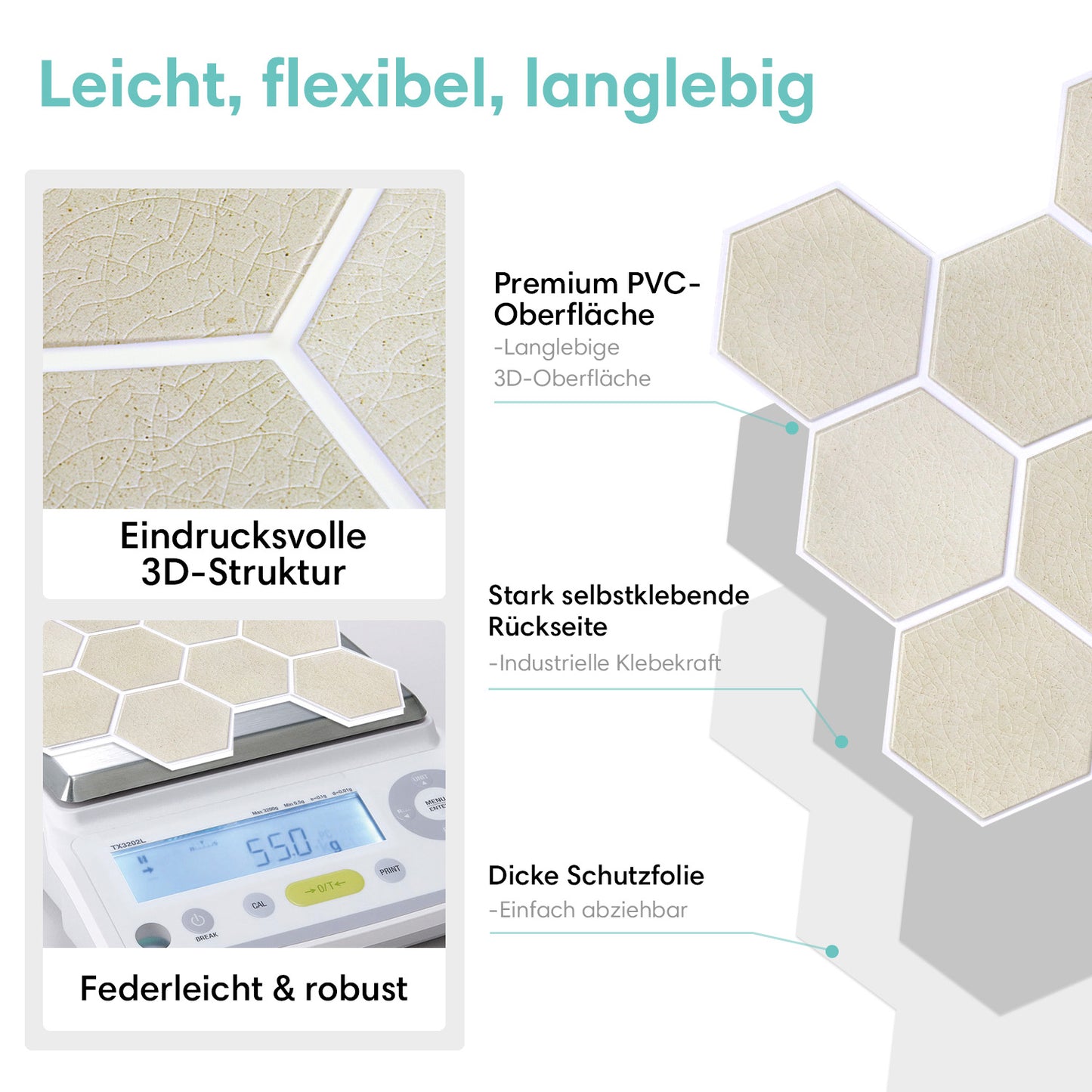 3D Wandpaneele selbstklebend Hexagon Creme