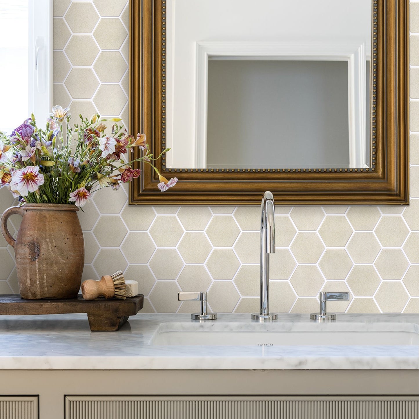 3D Wandpaneele selbstklebend Hexagon Creme