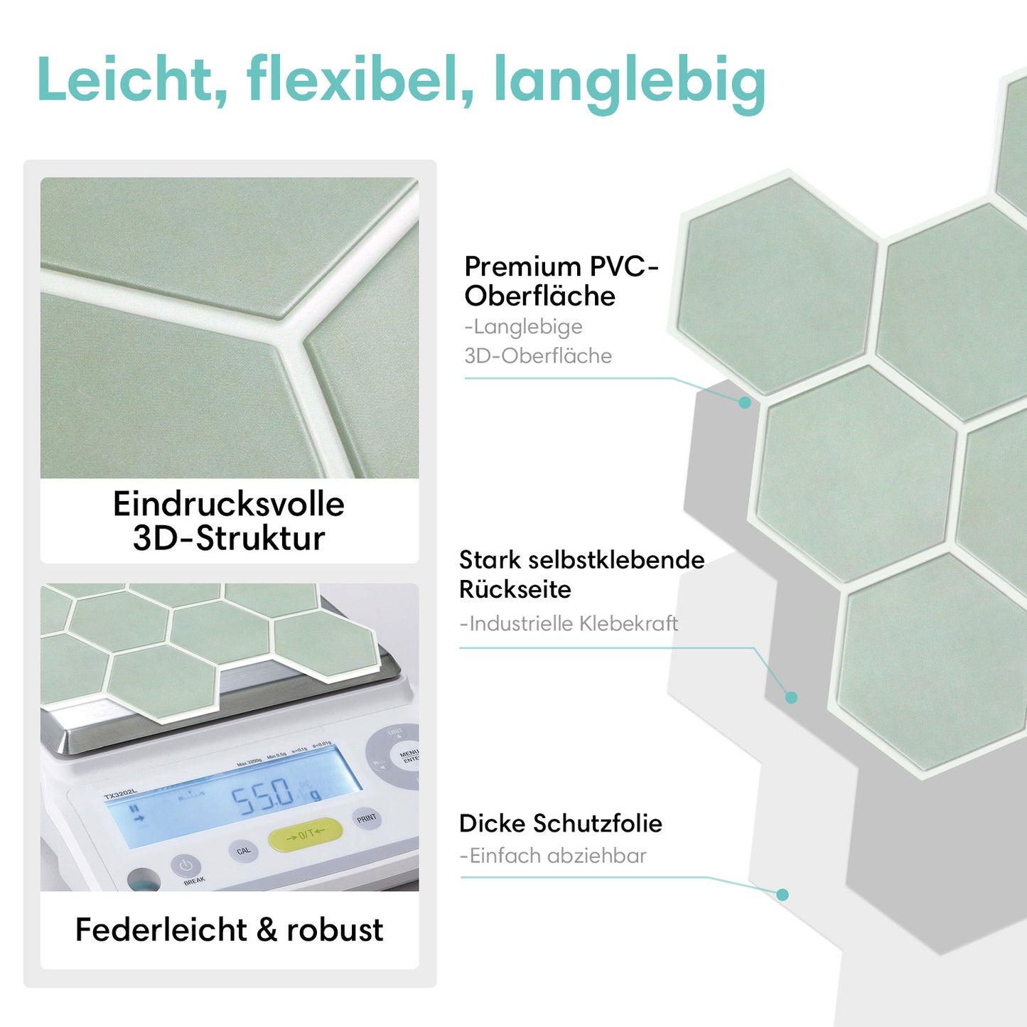3D Wandpaneele selbstklebend Hexagon Salbeigrün