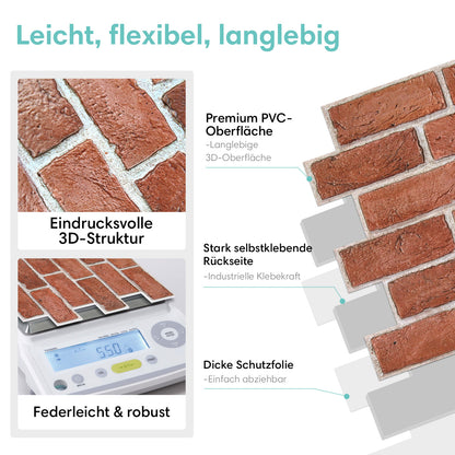 3D Wandpaneele selbstklebend Klassische Rote Ziegeloptik