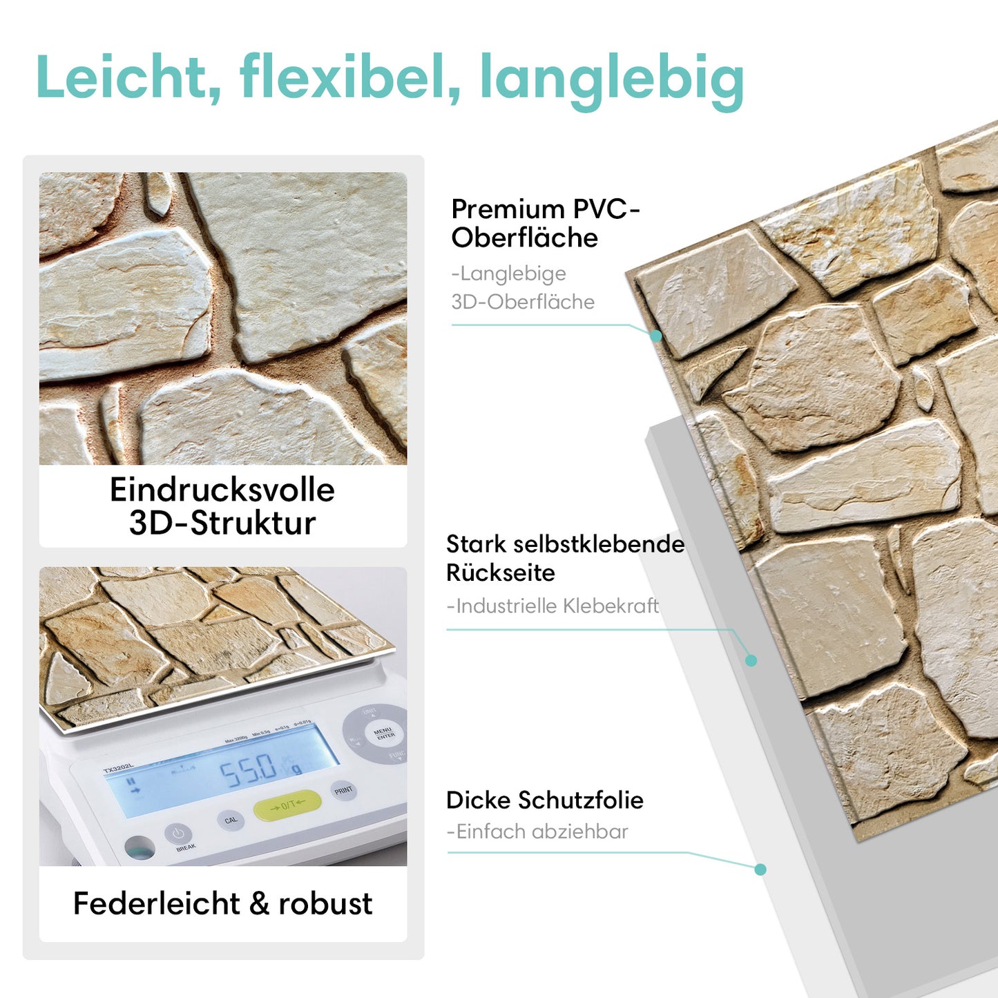 3D Wandpaneele selbstklebend Steindesign Hellbraun