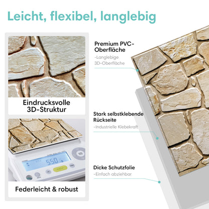 3D Wandpaneele selbstklebend Steindesign Hellbraun