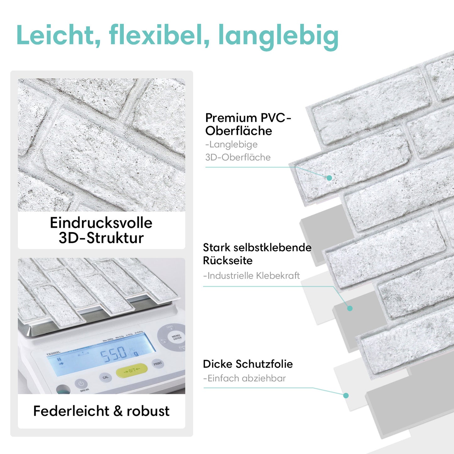 3D Wandpaneele selbstklebend Weiß-Grau Ziegeloptik