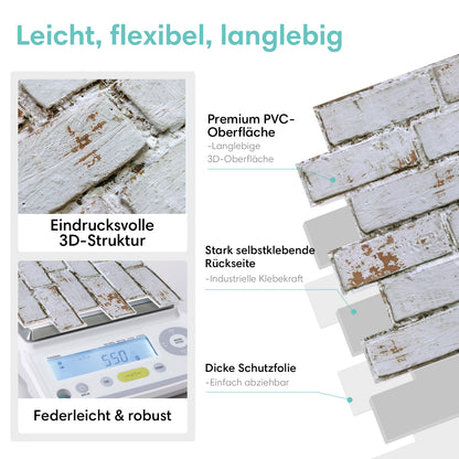 3D Wandpaneele selbstklebend Ziegeloptik Weiß Verwitter
