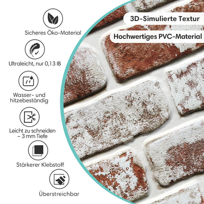 3D Wandpaneele selbstklebend – Vintage Ziegeloptik Rot Weiß Getüncht