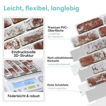 3D Wandpaneele selbstklebend – Vintage Ziegeloptik Rot Weiß Getüncht