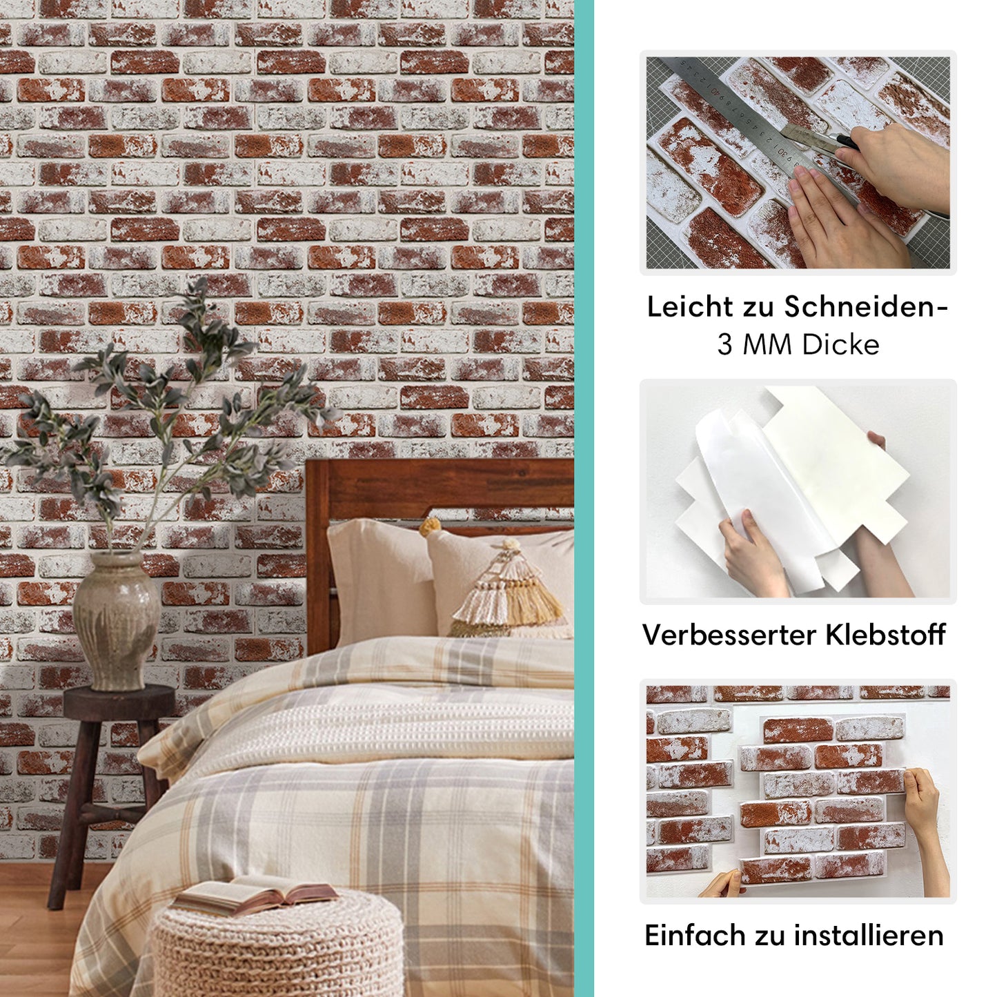 3D Wandpaneele selbstklebend – Vintage Ziegeloptik Rot Weiß Getüncht