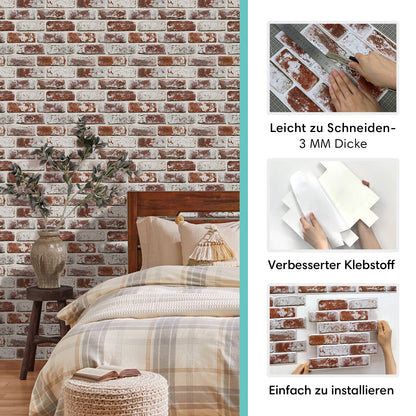 3D Wandpaneele selbstklebend – Vintage Ziegeloptik Rot Weiß Getüncht