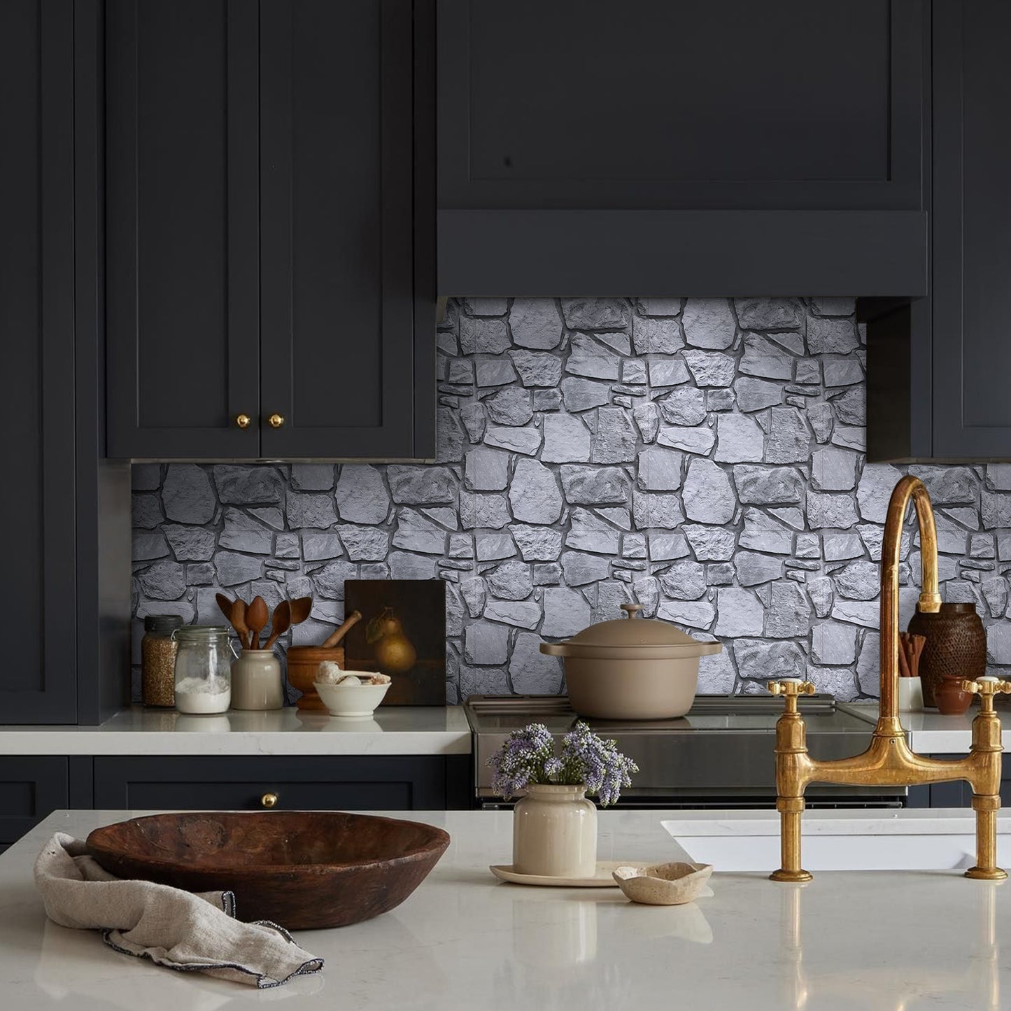 3D Wandpaneele selbstklebend in grauer Feldstein-Optik