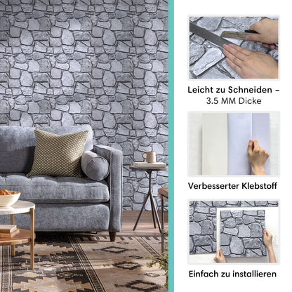 3D Wandpaneele selbstklebend in grauer Feldstein-Optik