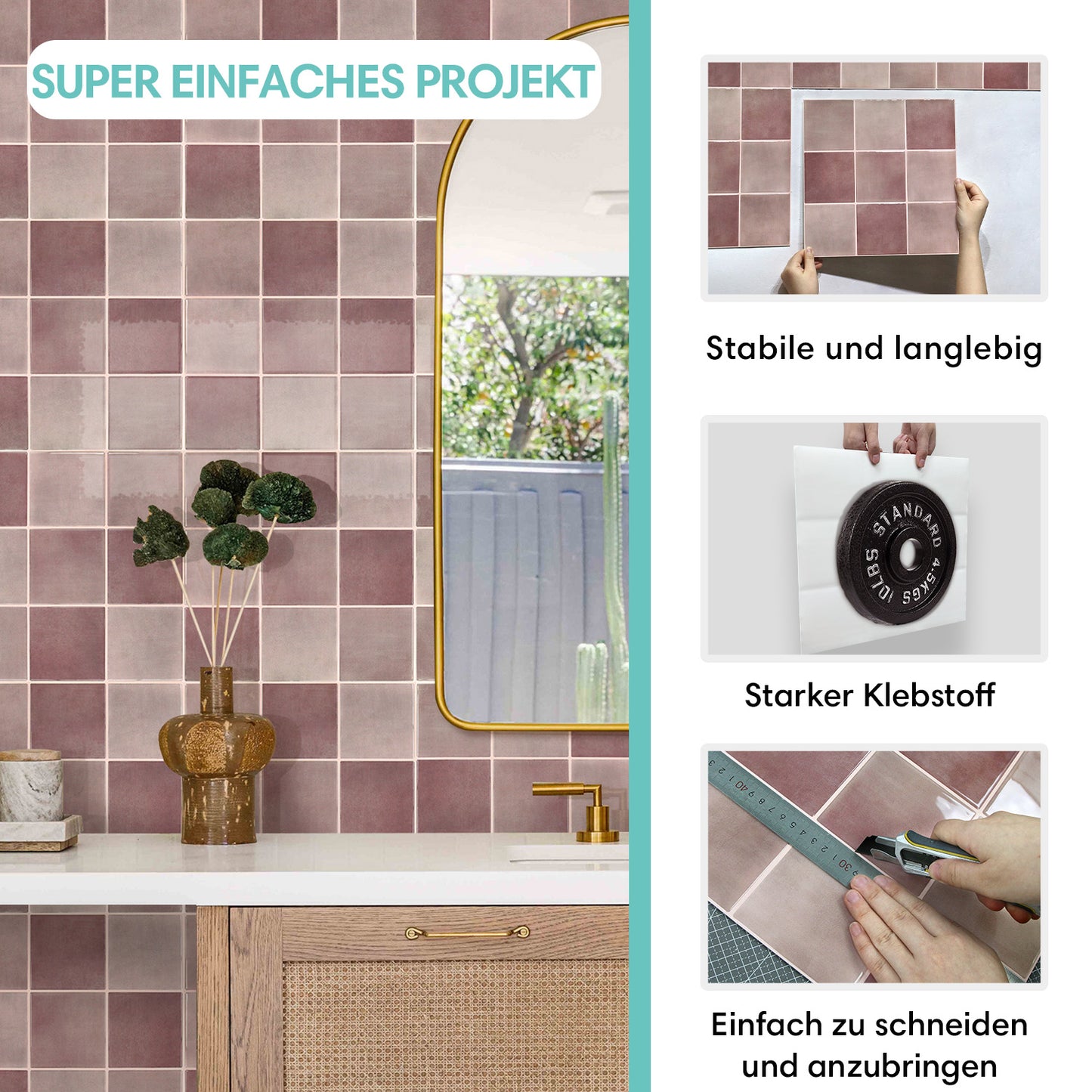 Altrosa Selbstklebende Wandfliesen in Keramikoptik – Extra Dick