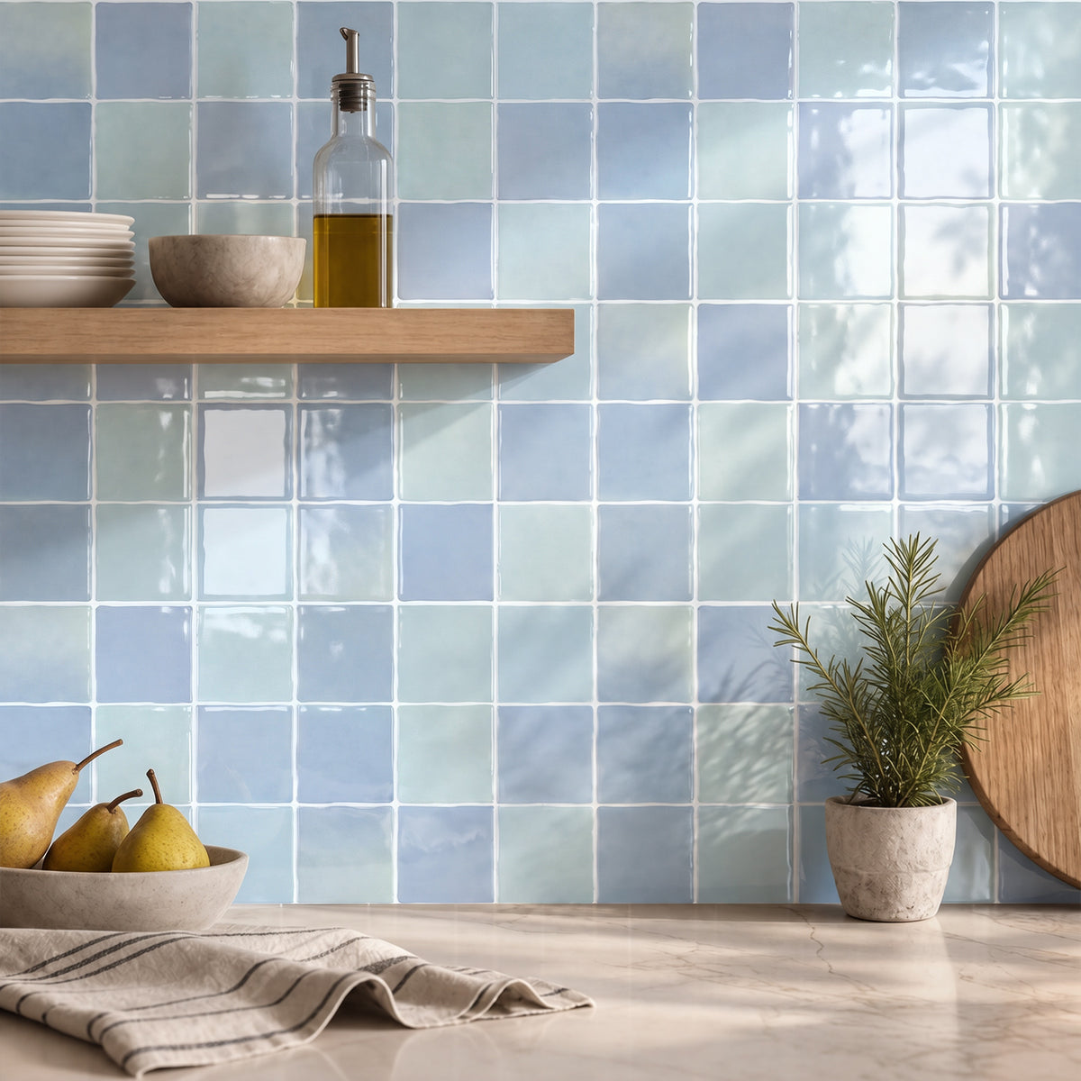 Aqua Blaue Selbstklebende Wandfliesen in Keramikoptik-Extra Dick