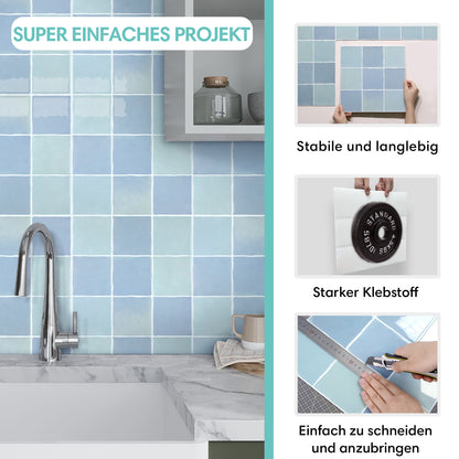 Aqua Blaue Selbstklebende Wandfliesen in Keramikoptik-Extra Dick