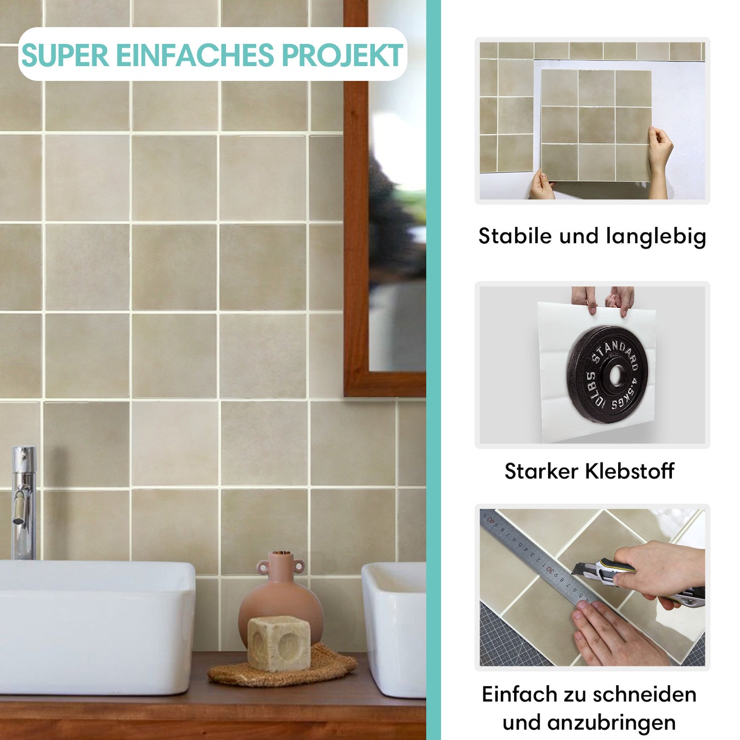 Greige Selbstklebende Wandfliesen in Keramikoptik – Extra Dick