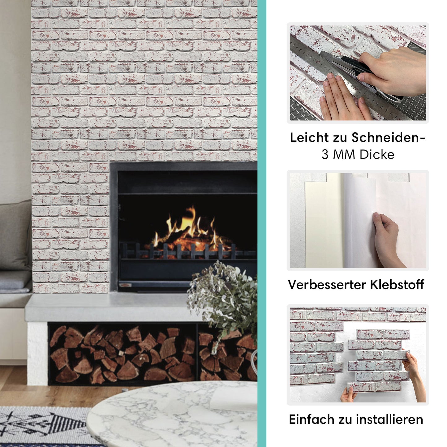 Selbstklebende 3D Wandfliesen in Weißer Ziegeloptik