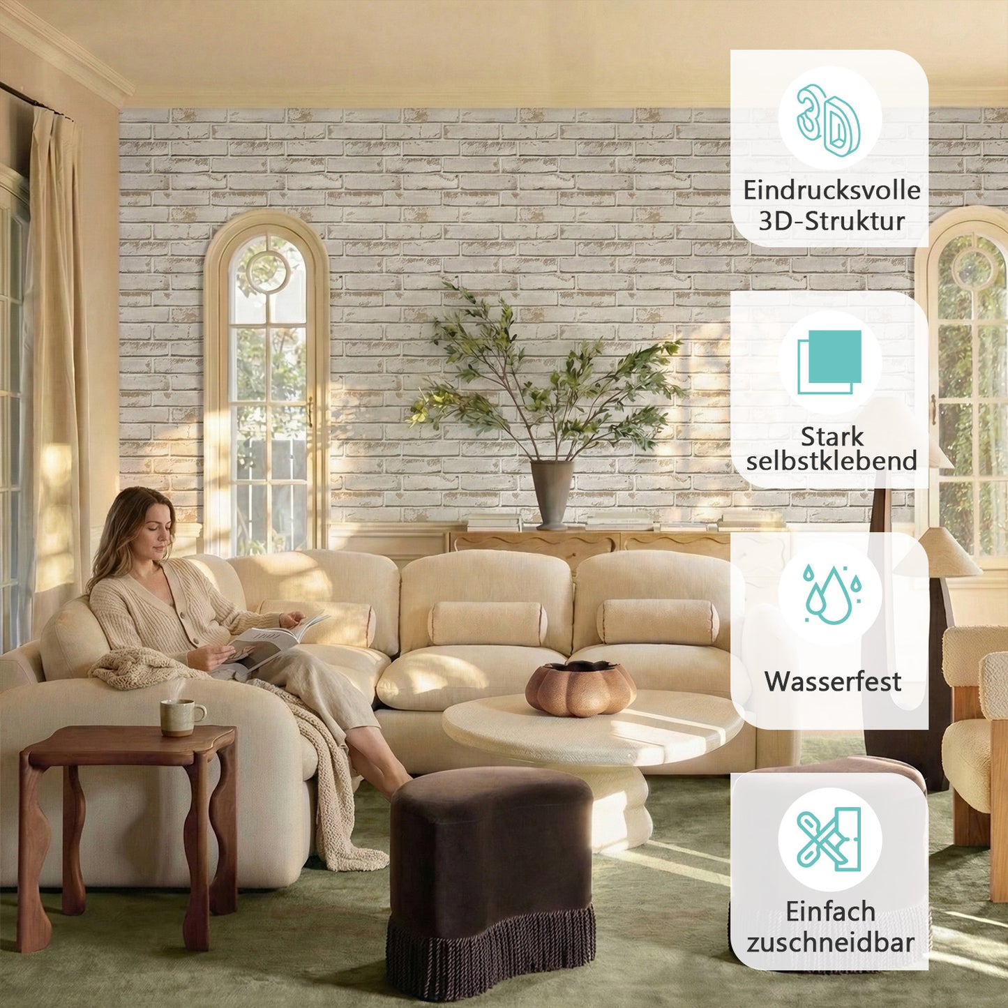 Selbstklebende 3D Wandpaneele – Beige Ziegeloptik