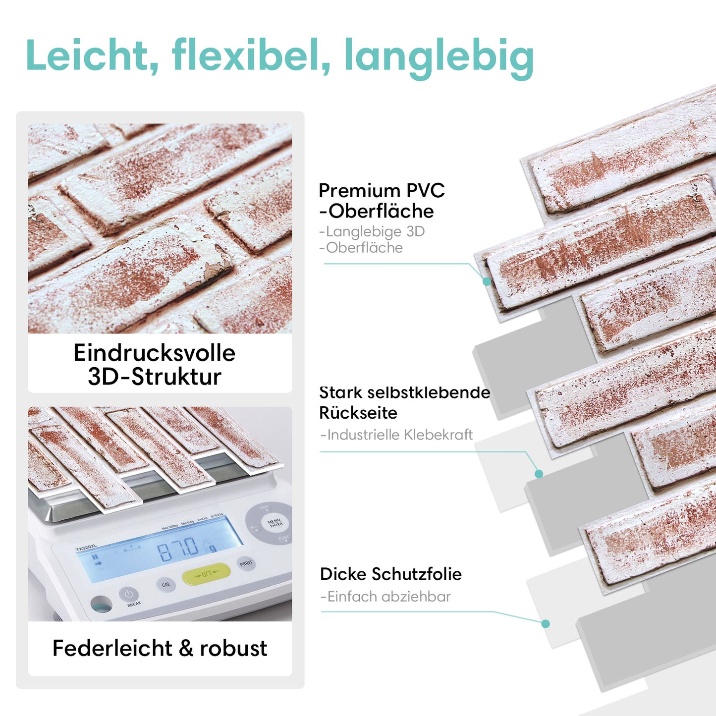 Selbstklebende 3D Wandpaneele – Kalkweiße Ziegeloptik